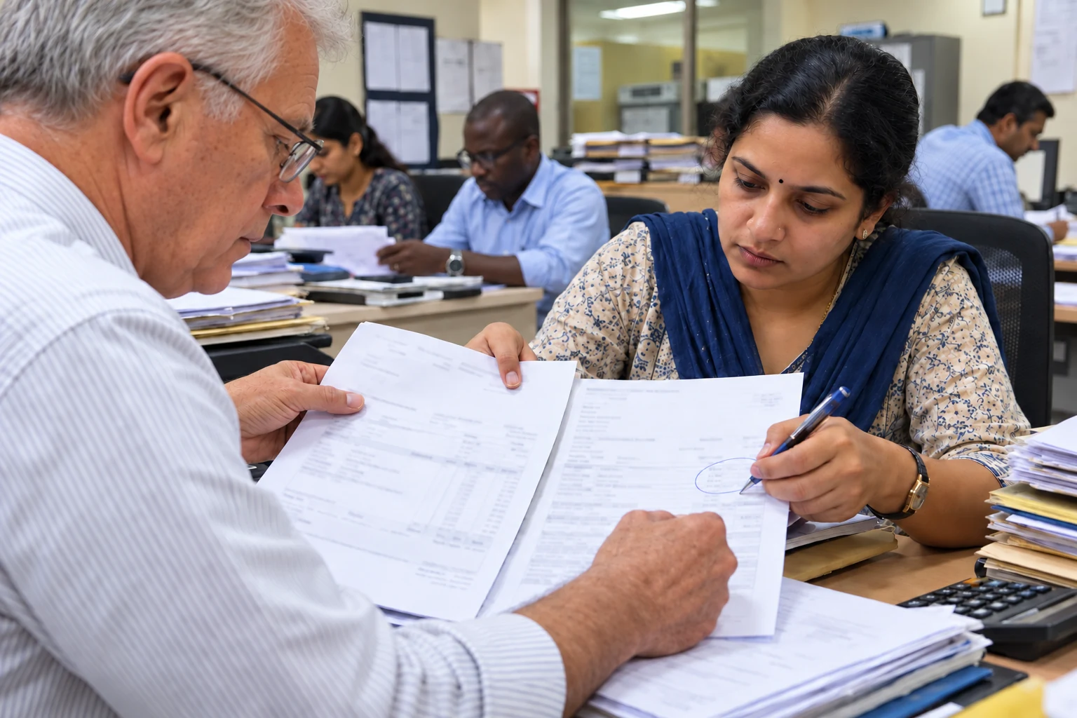 Two finance controllers trace a reconciliation exception through their documents.