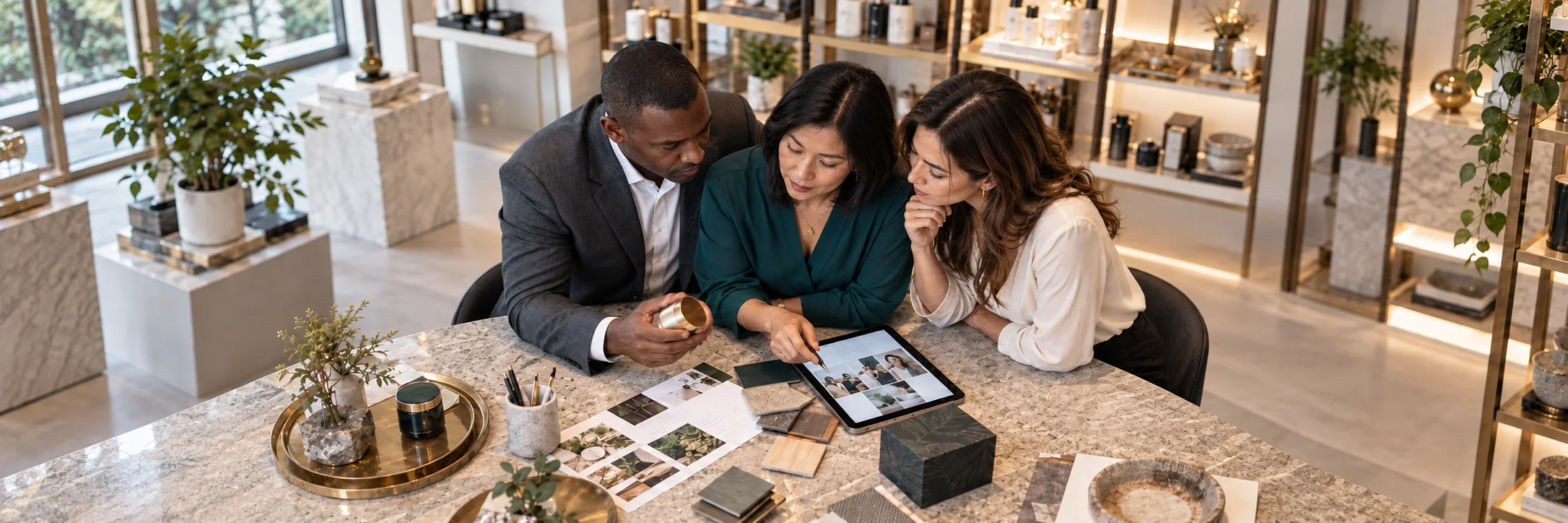 Three colleagues discuss a product sample and customer proposition around a showroom worktable.