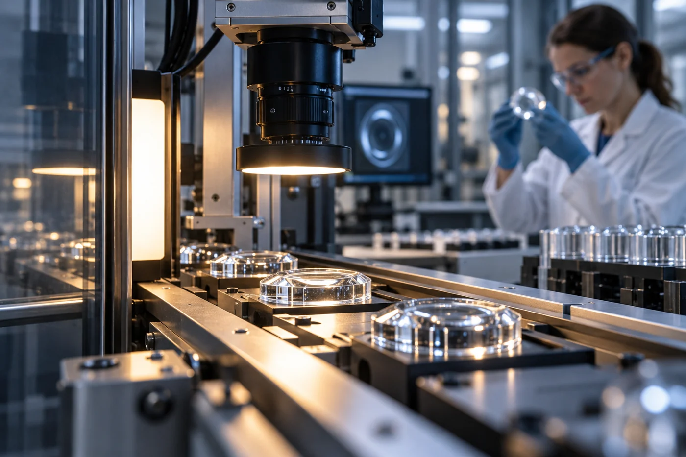 Vision inspection equipment examines precision components beside a quality specialist.