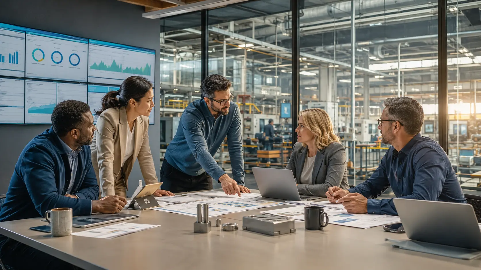 Enterprise specialists review the operating design beside a production environment.