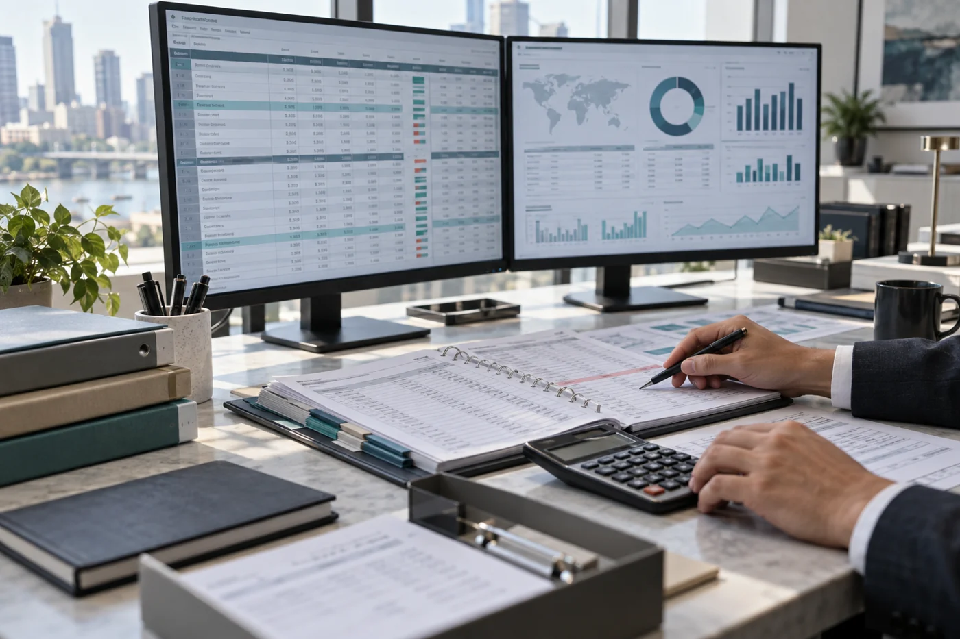 A finance professional reviews reports alongside performance dashboards.