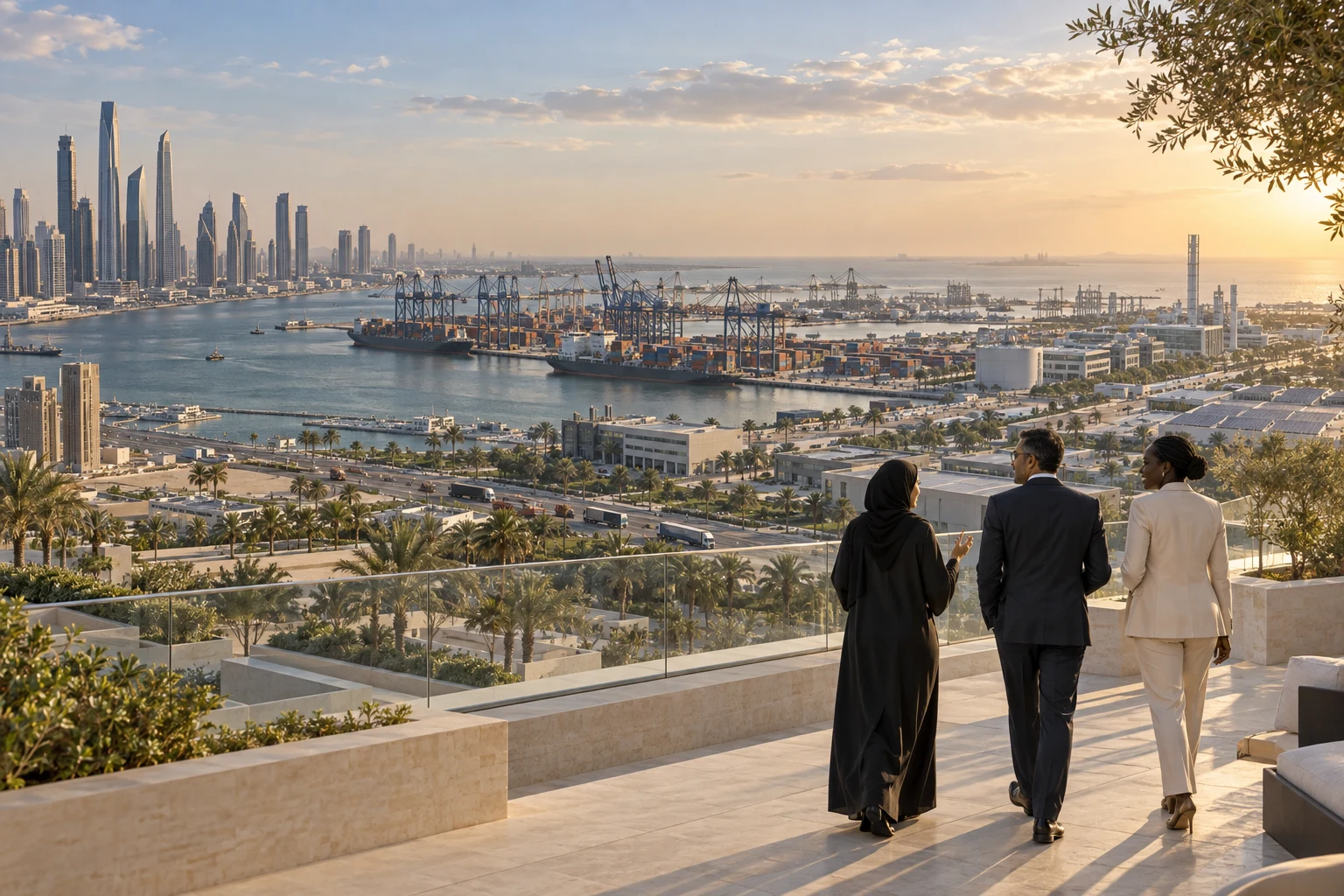 senior practitioners overlooking a connected landscape of industry, logistics, energy and growing businesses.