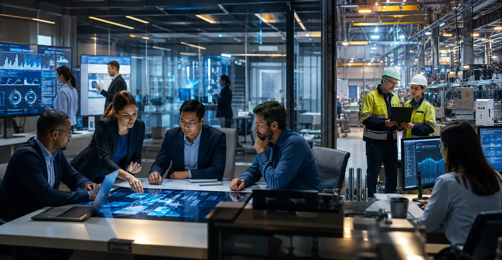 An illustrative development team reviewing a prototype within an industrial setting.