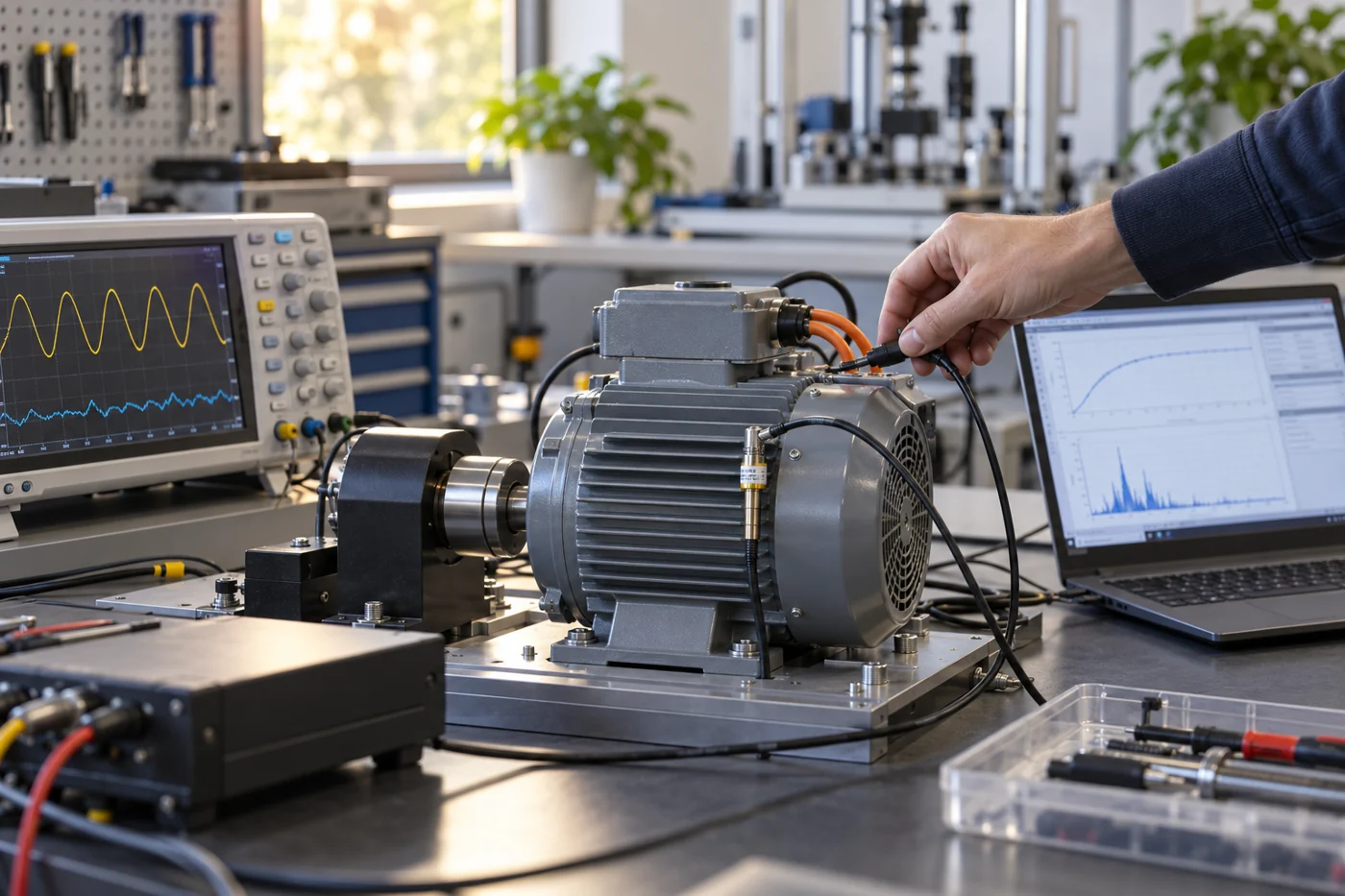 A sensing prototype under evaluation with physical equipment and test instruments.