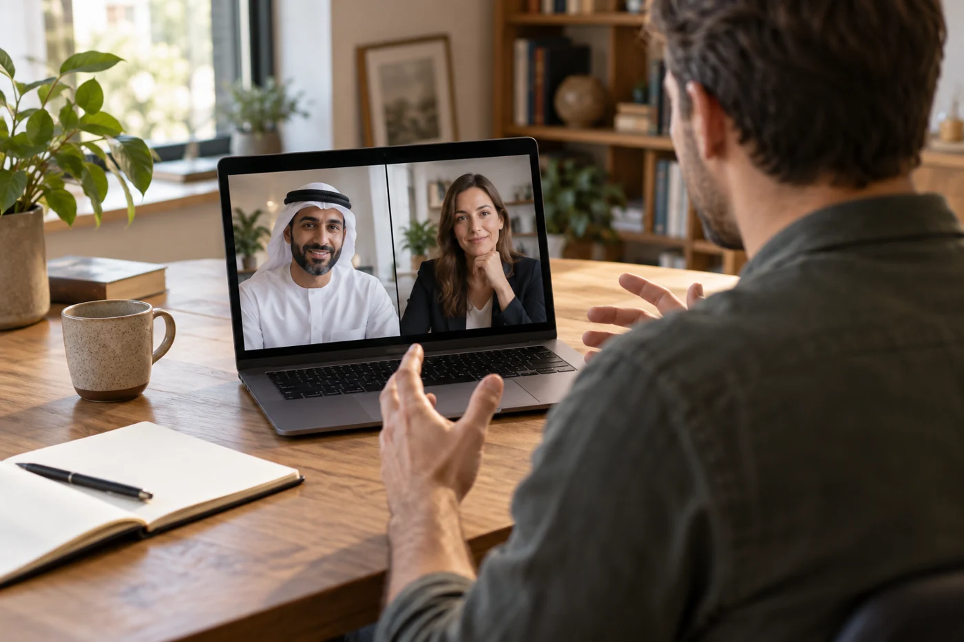 Illustrative entrepreneur reaching out to collaborators through a video conversation.
