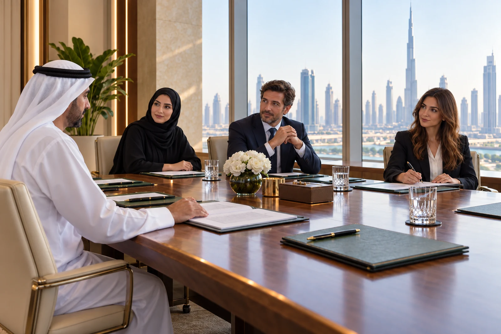A director rests a hand on a slim board pack beside other single-page packs, with a Gulf skyline beyond the boardroom.