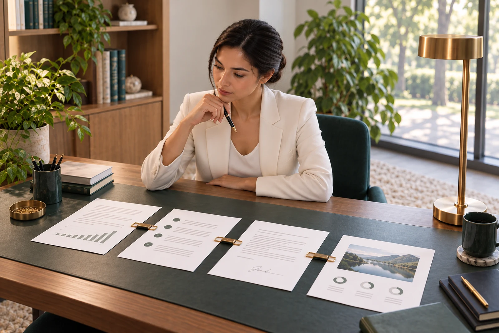 An auditor follows four documents joined left to right by brass clips.