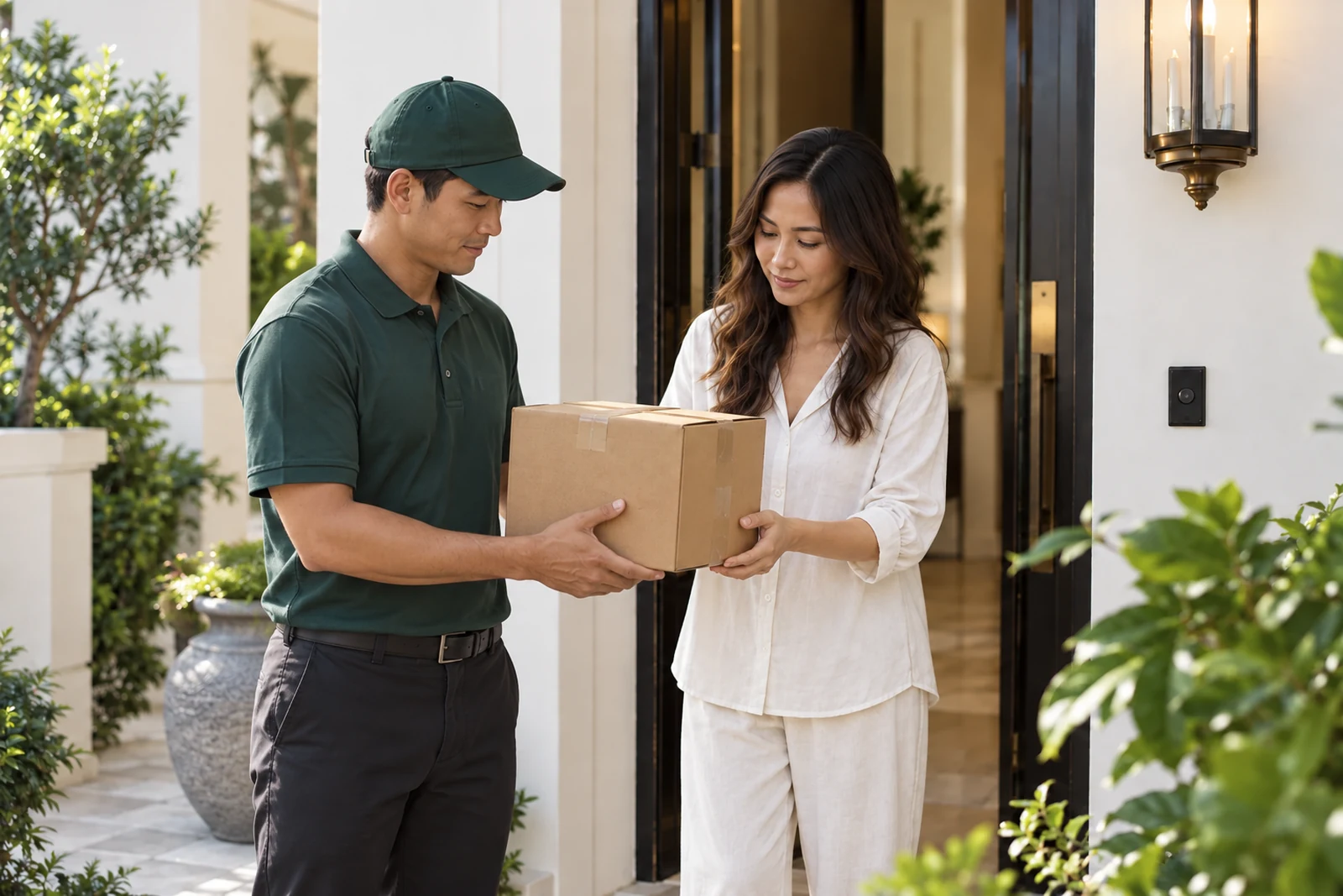 A delivery driver hands a parcel to a resident at a villa door.