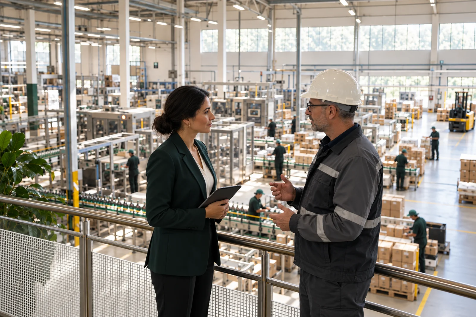 A sales leader and plant manager inspect production from a factory mezzanine.