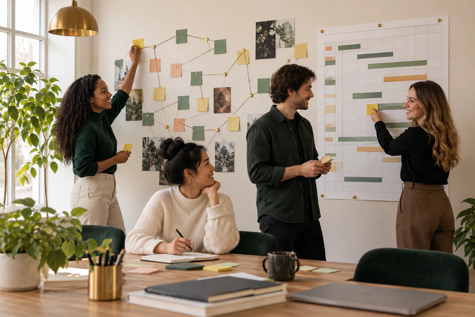 An account team connects blank planning cards to a production schedule with string.