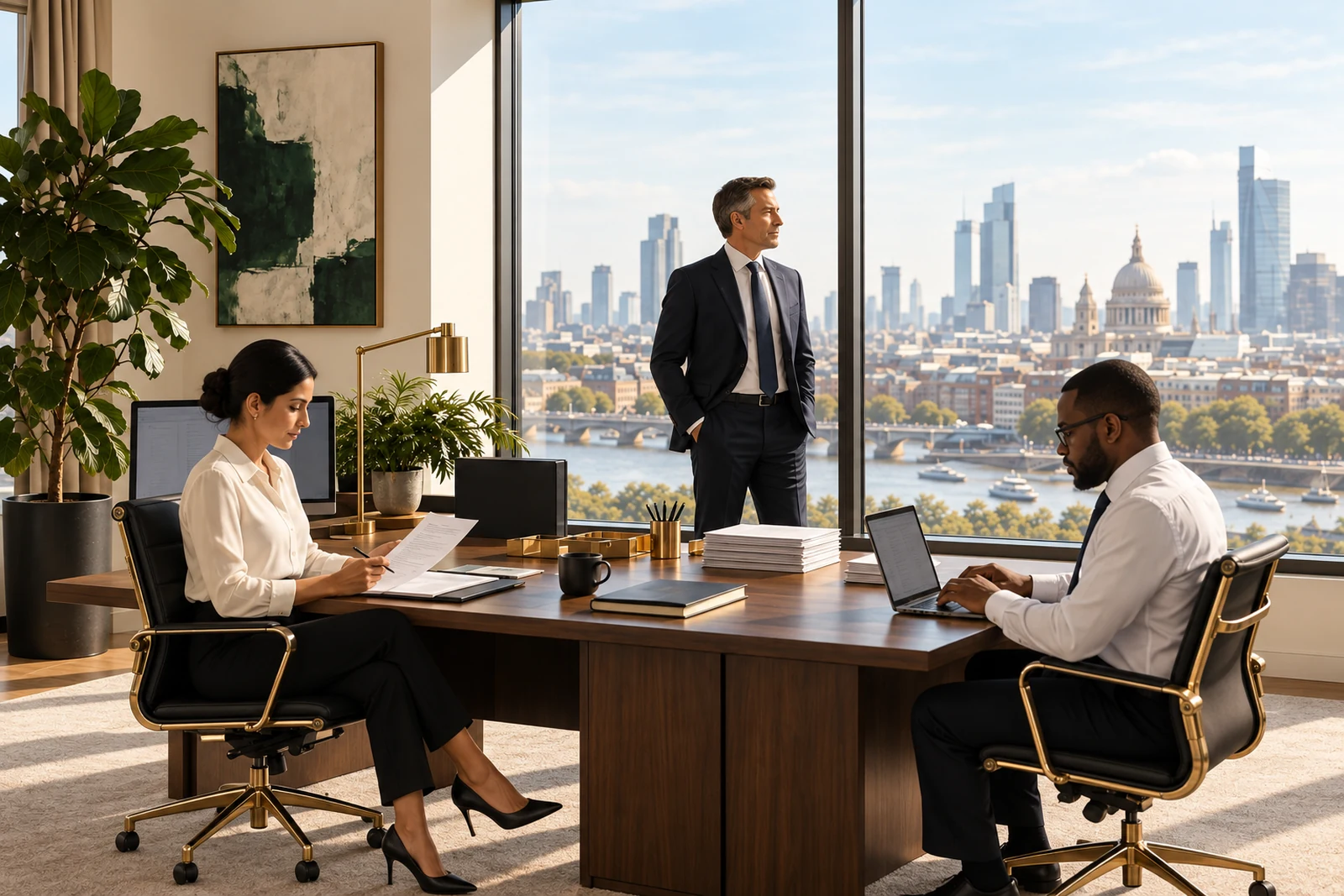 A finance leader looks out from an office while controllers review a short stack of exceptions.
