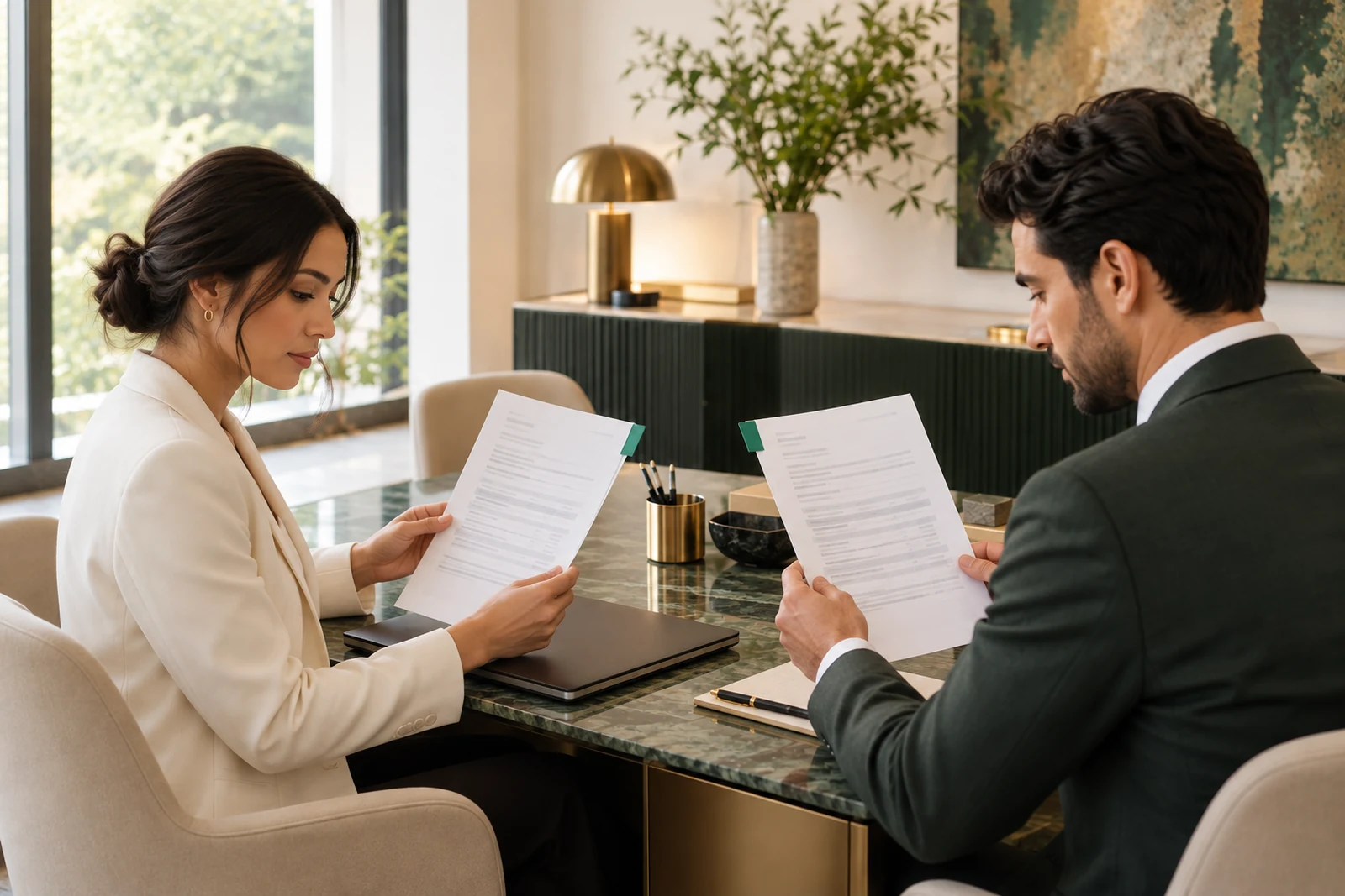 Two controllers compare documents marked with matching green tabs.