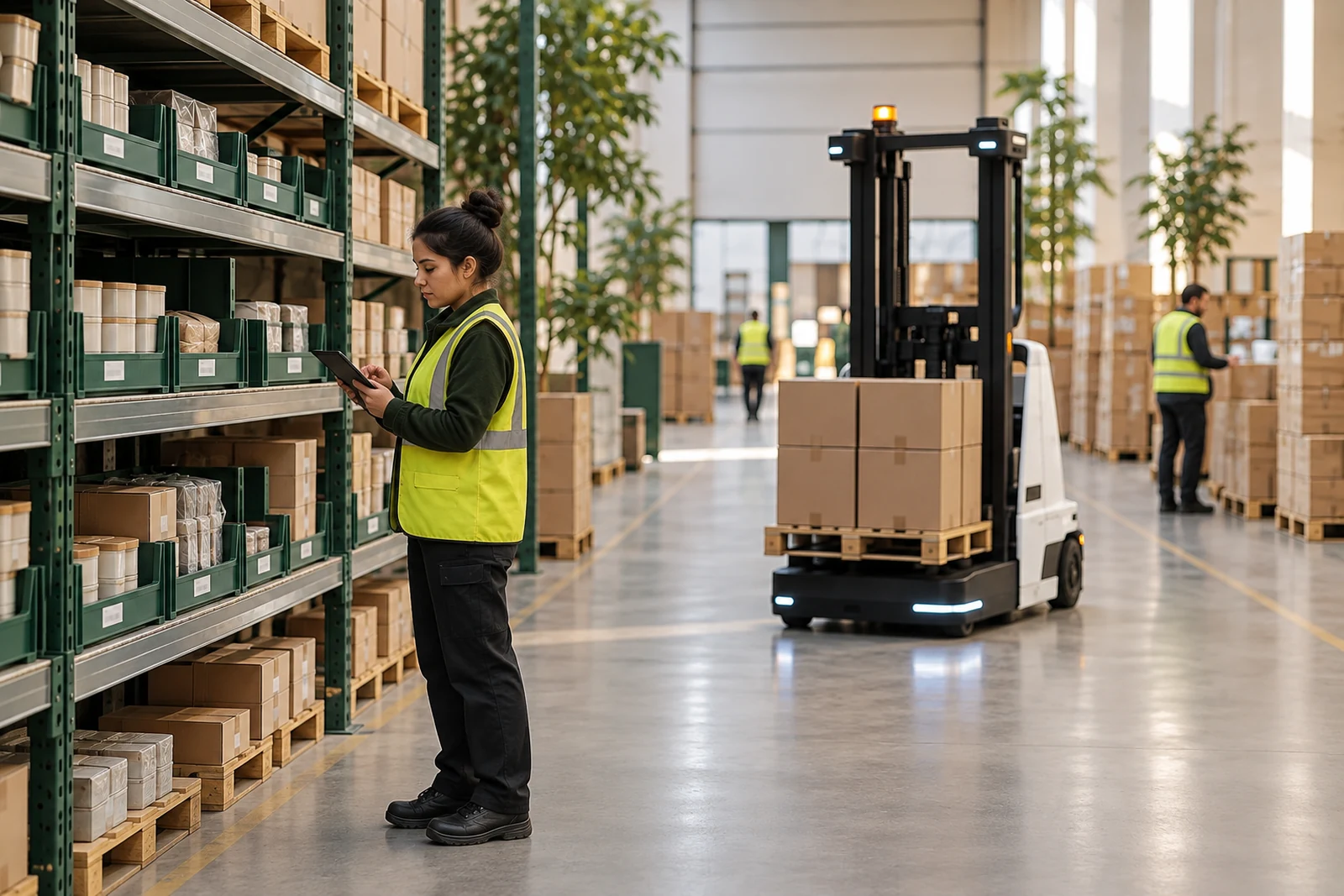 A warehouse operator checks stock in a bin while an automated forklift waits nearby.