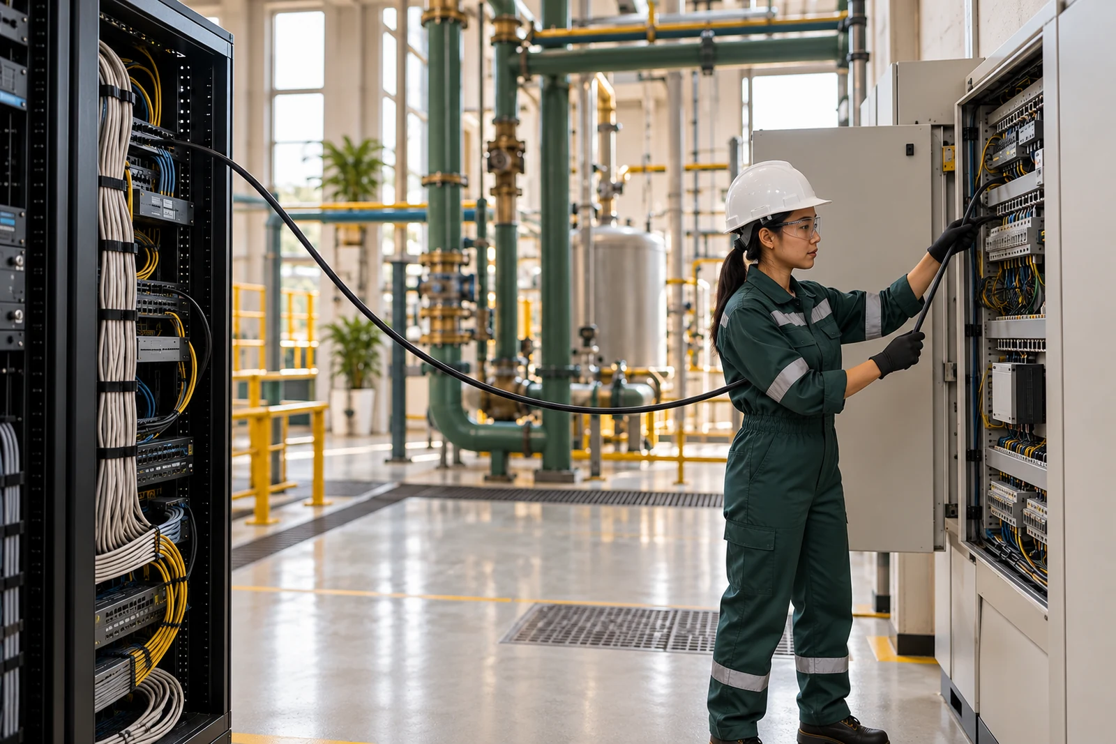 An integration engineer traces a cable between a server rack and a plant control panel.