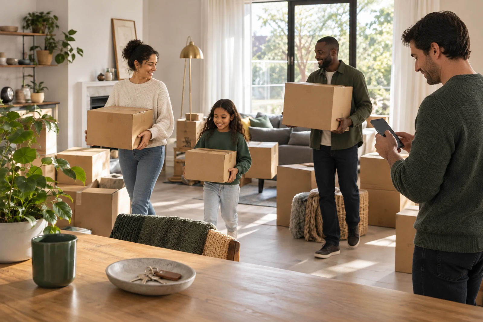 A family unpacks moving boxes in a new home, with keys on the table and a parent holding a phone.