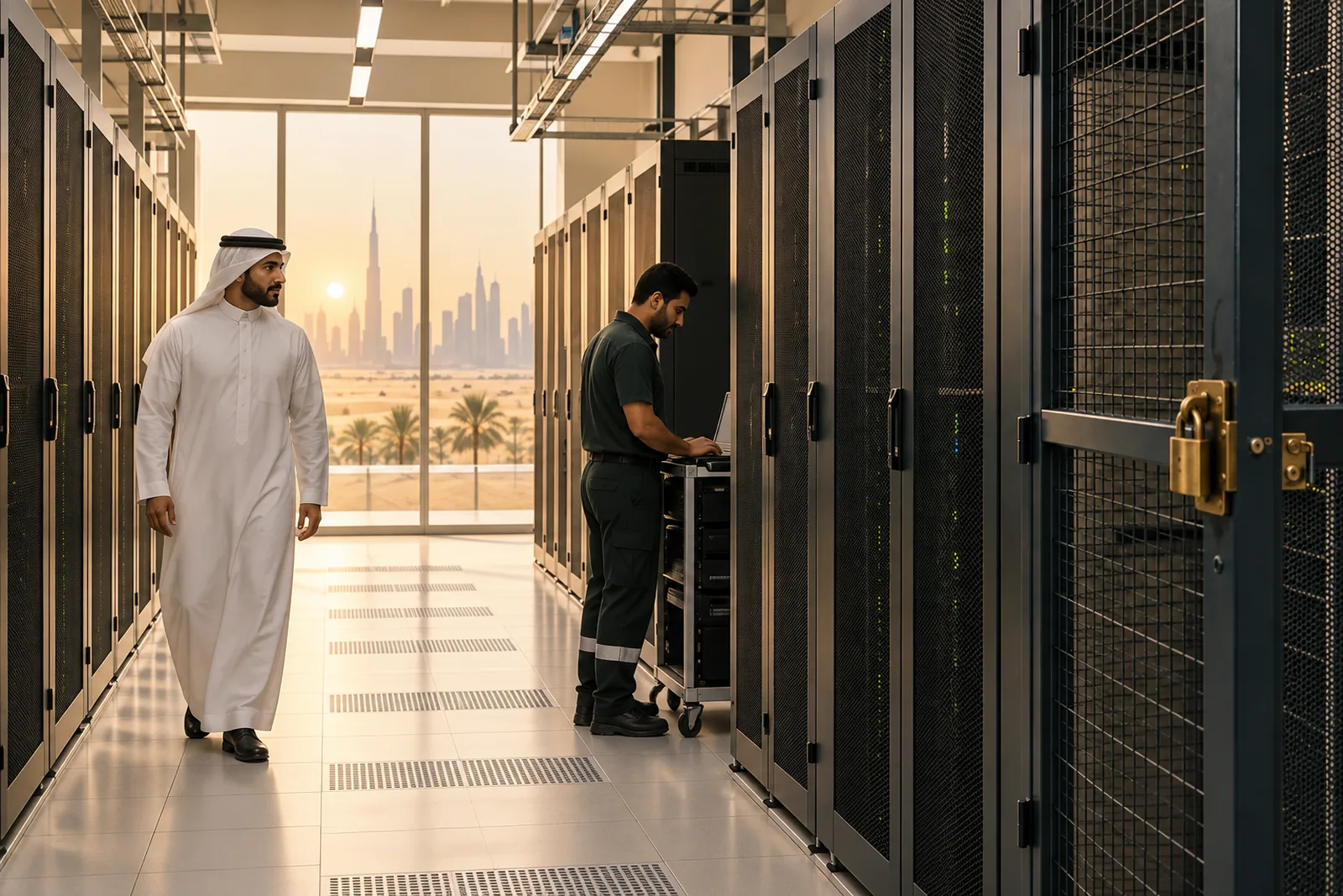 A locked cage secures server racks in a Gulf data-centre corridor.