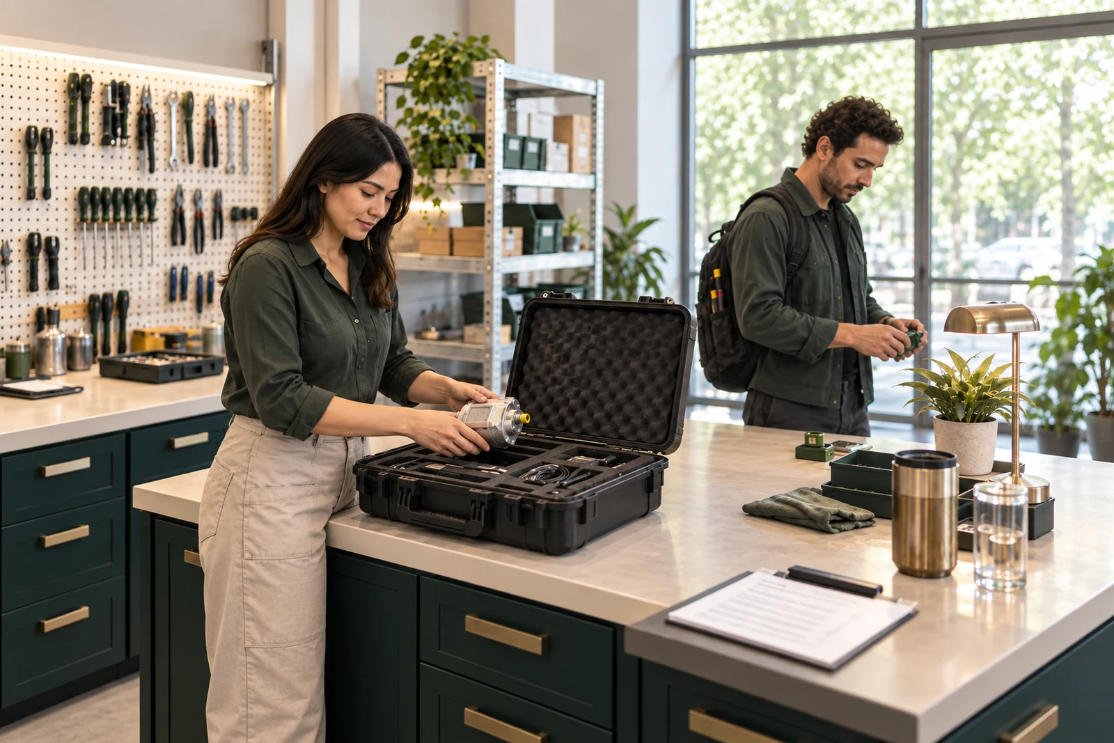 A parts clerk packs a replacement component into a technician’s case.