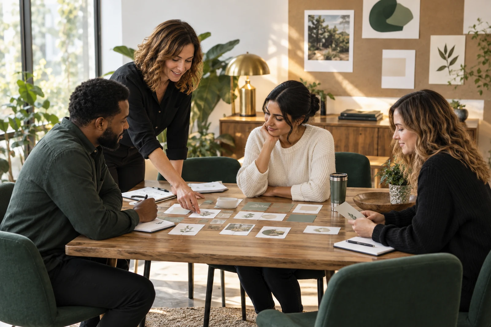 A coach guides three colleagues through practical exercise cards.
