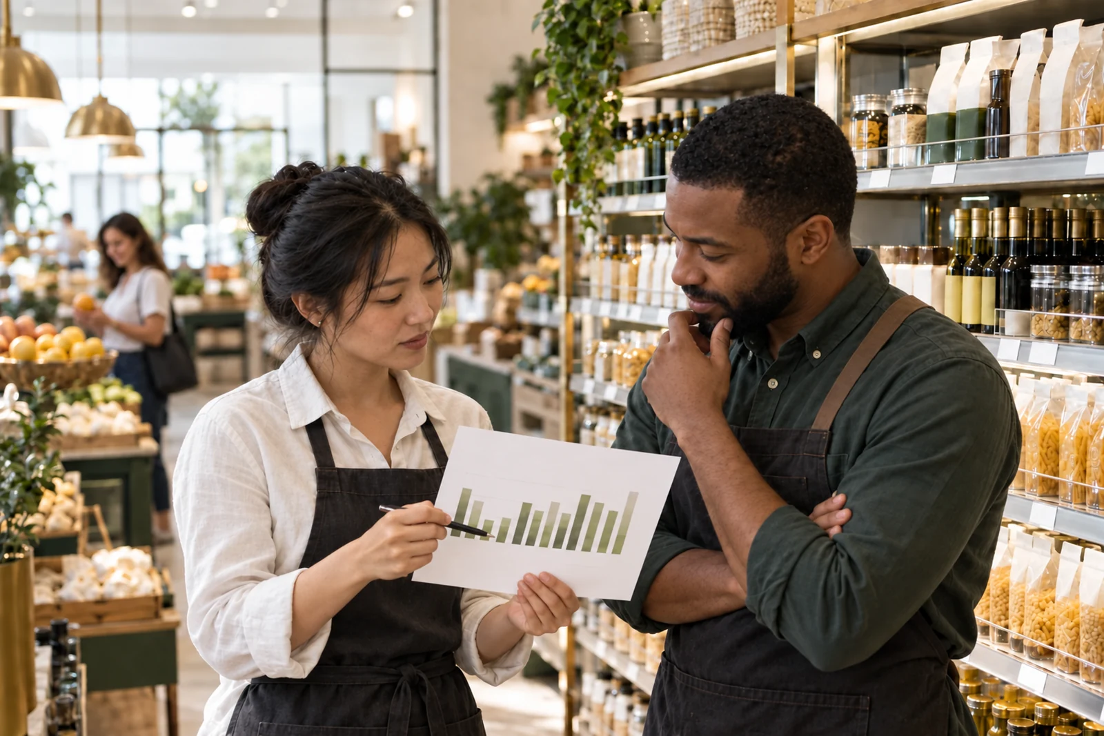 A planner and store manager compare a printed bar chart with stock on the shop floor.